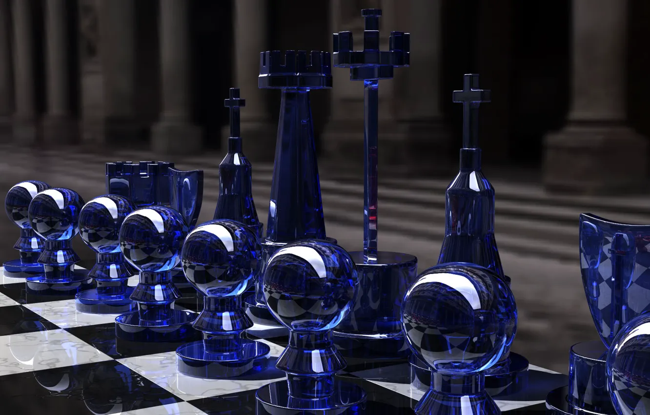 Фото обои игра, шахматы, glass, доска, фигуры, стратегия, rendering, чёрное и белое