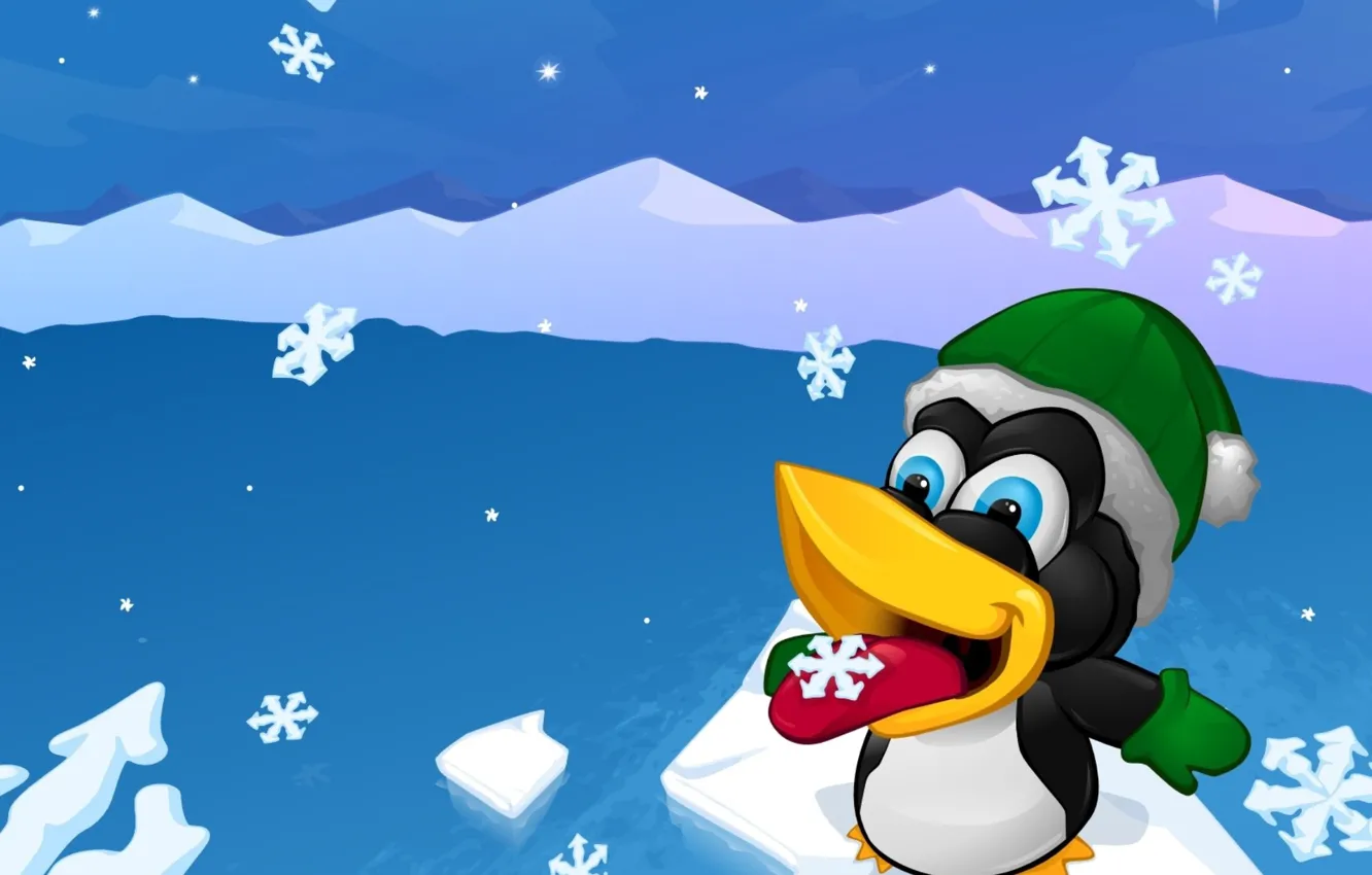 Фото обои снежинки, Новый год, Linux, новогодний, Пингвин, запах рождества, Christmas Tux