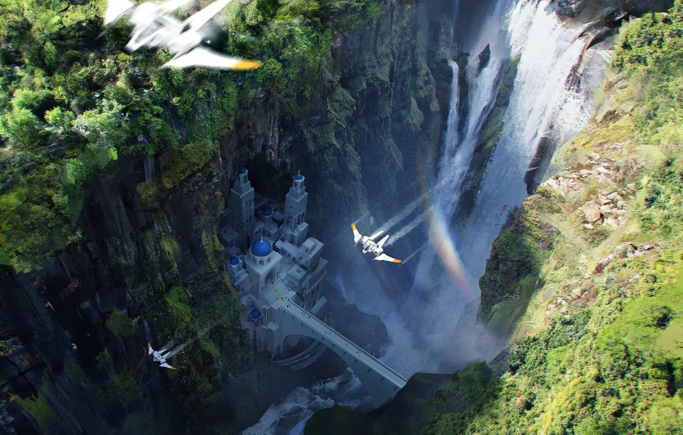 Фото обои мост, скалы, водопад, полёт, Little Kingdom