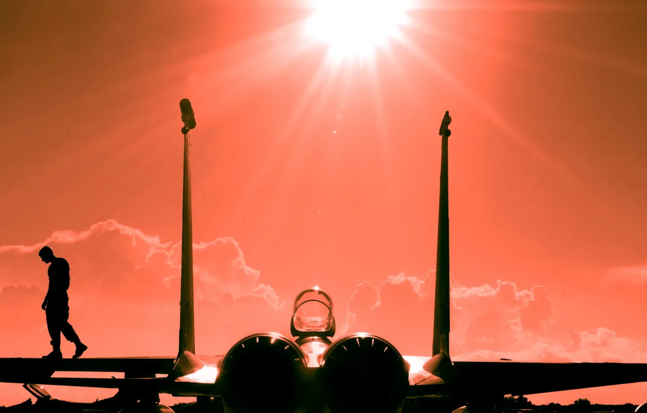 Фото обои небо, солнце, лучи, закат, самолет, пилот