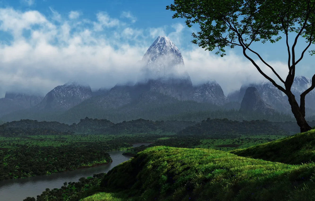 Фото обои зелень, облака, деревья, природа, река, холмы, гора
