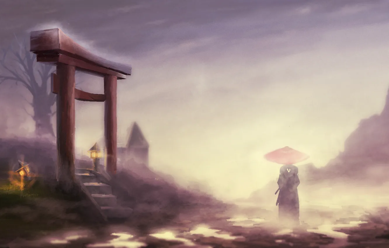 Фото обои пейзаж, туман, дерево, зонт, самурай, фонари, мужчина, кимоно