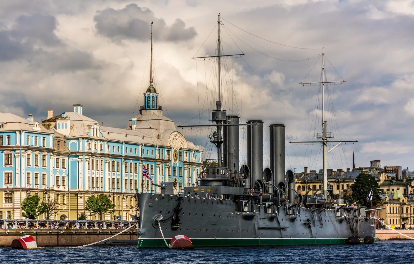Фото обои река, здание, Санкт-Петербург, Аврора, музей, набережная, крейсер, Петроградская набережная