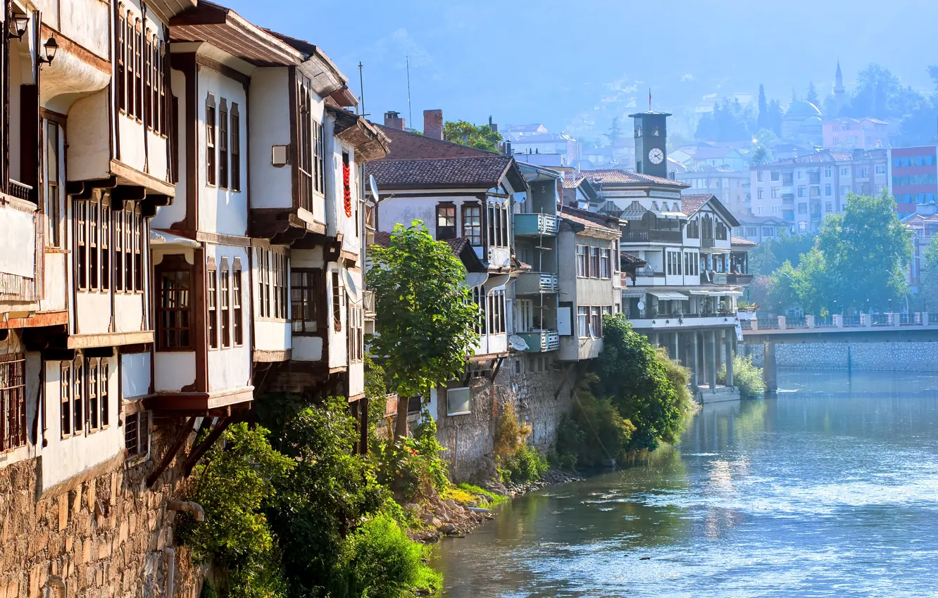 Фото обои мост, река, дома, солнечно, Турция, Amasya