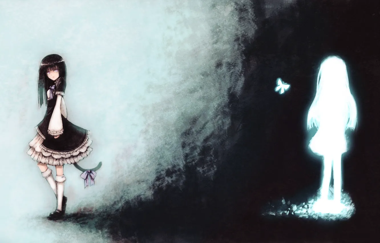 Фото обои девушки, бабочка, аниме, арт, хвост, бант, umineko no naku koro ni, когда плачут чайки