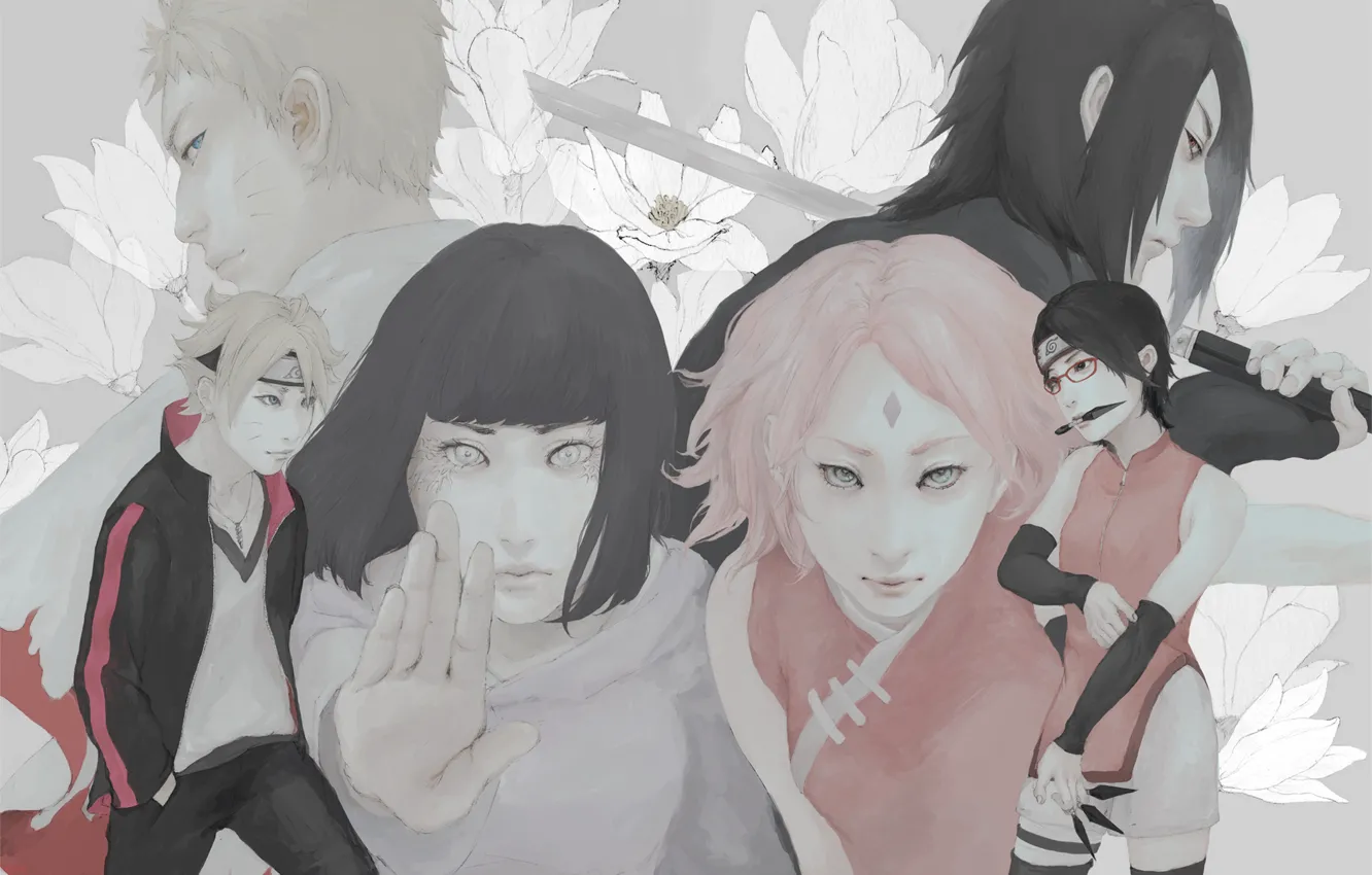 Фото обои Sasuke, Naruto, Sakura, naruto, art, realistic, Hinata, uchiha clan