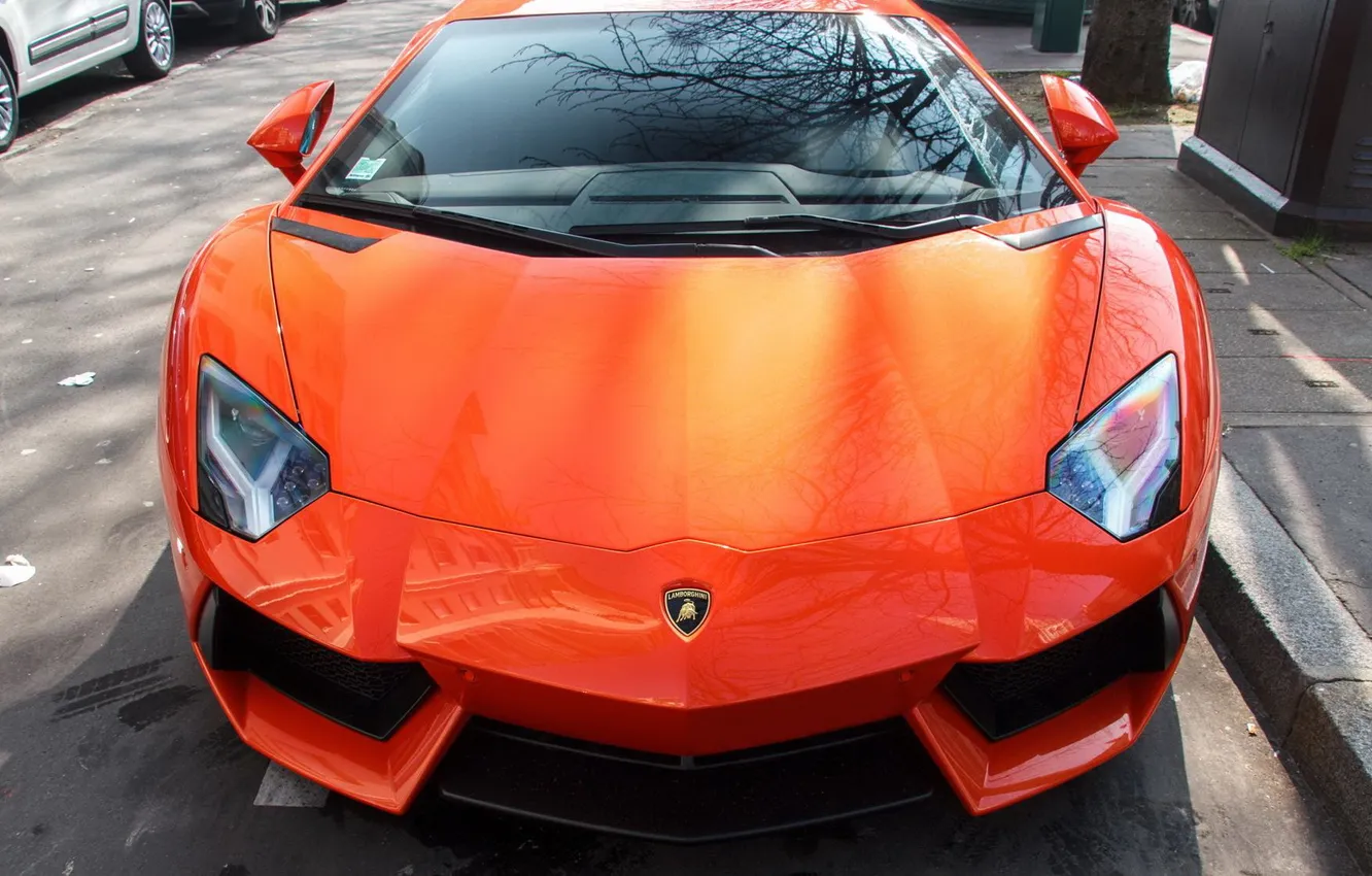 Фото обои отражение, Lamborghini, суперкар, передок, orange, Aventador