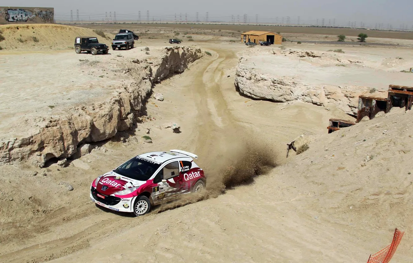 Фото обои Песок, поворот, Спорт, Гонка, Peugeot, WRC, Rally, Ралли