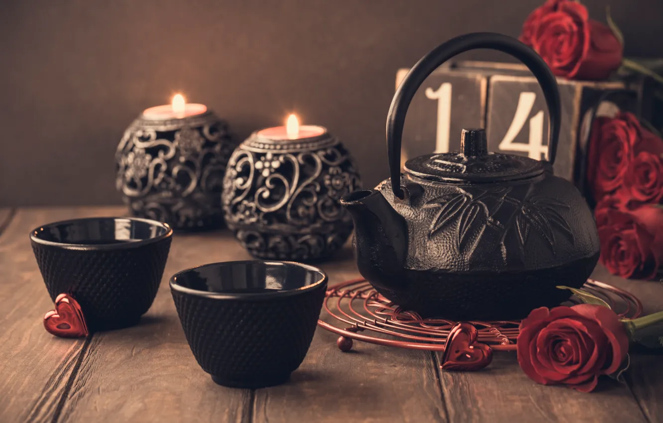 Фото обои розы, свечи, чайник, чашки, Iryna Melnyk