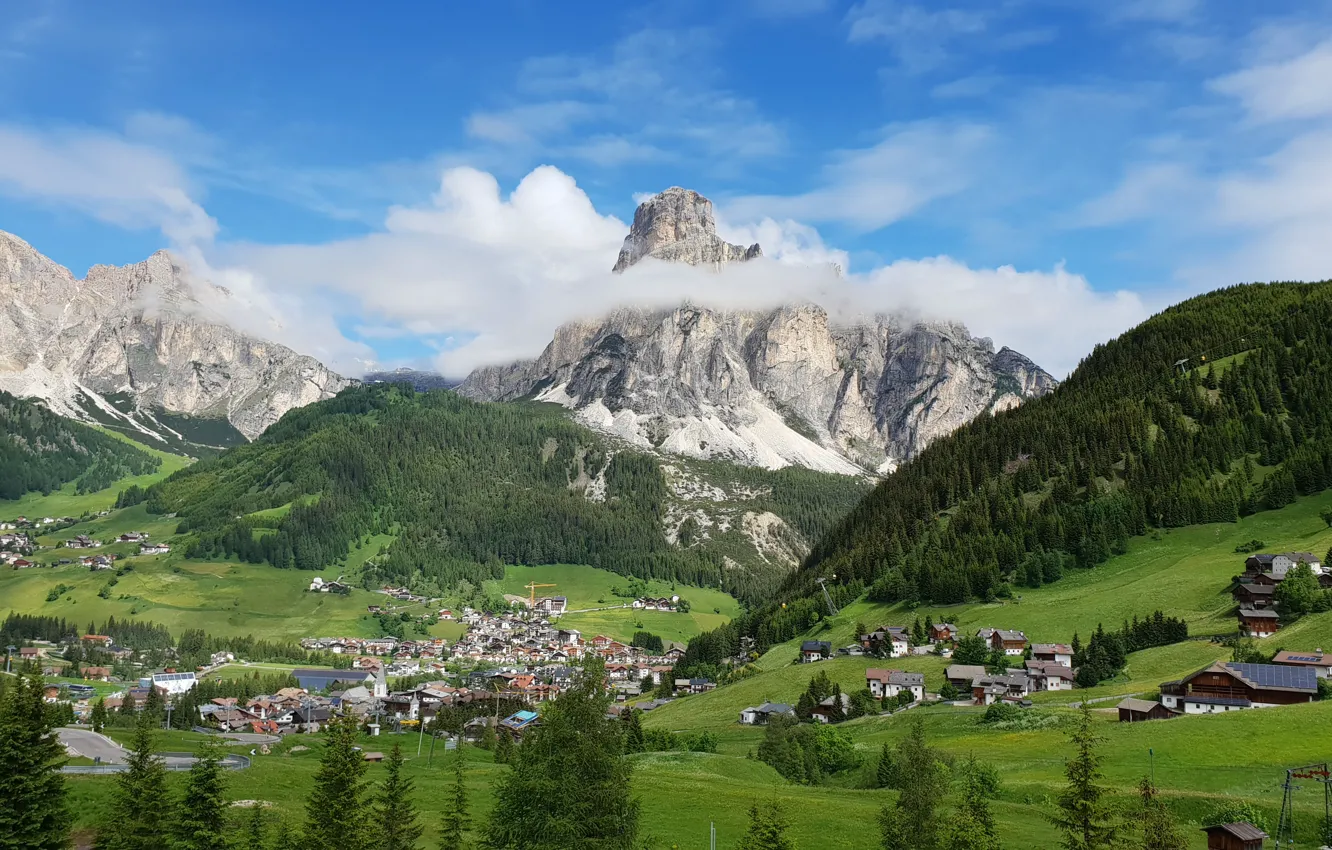 Фото обои Italy, View, Mountains in Background, Dolomite Alps, Campolongo, Corvara