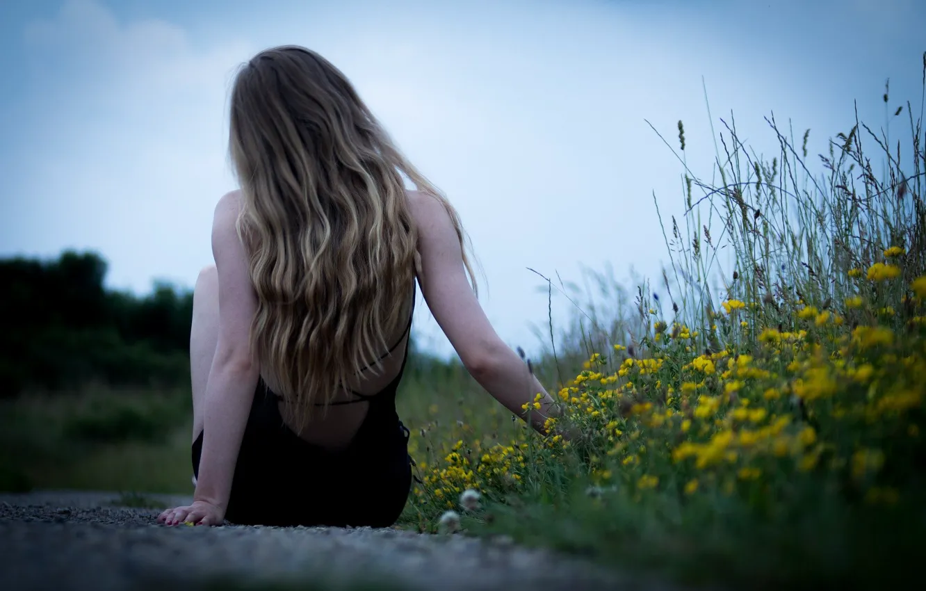 Фото обои трава, девушка, цветы, волосы, спина