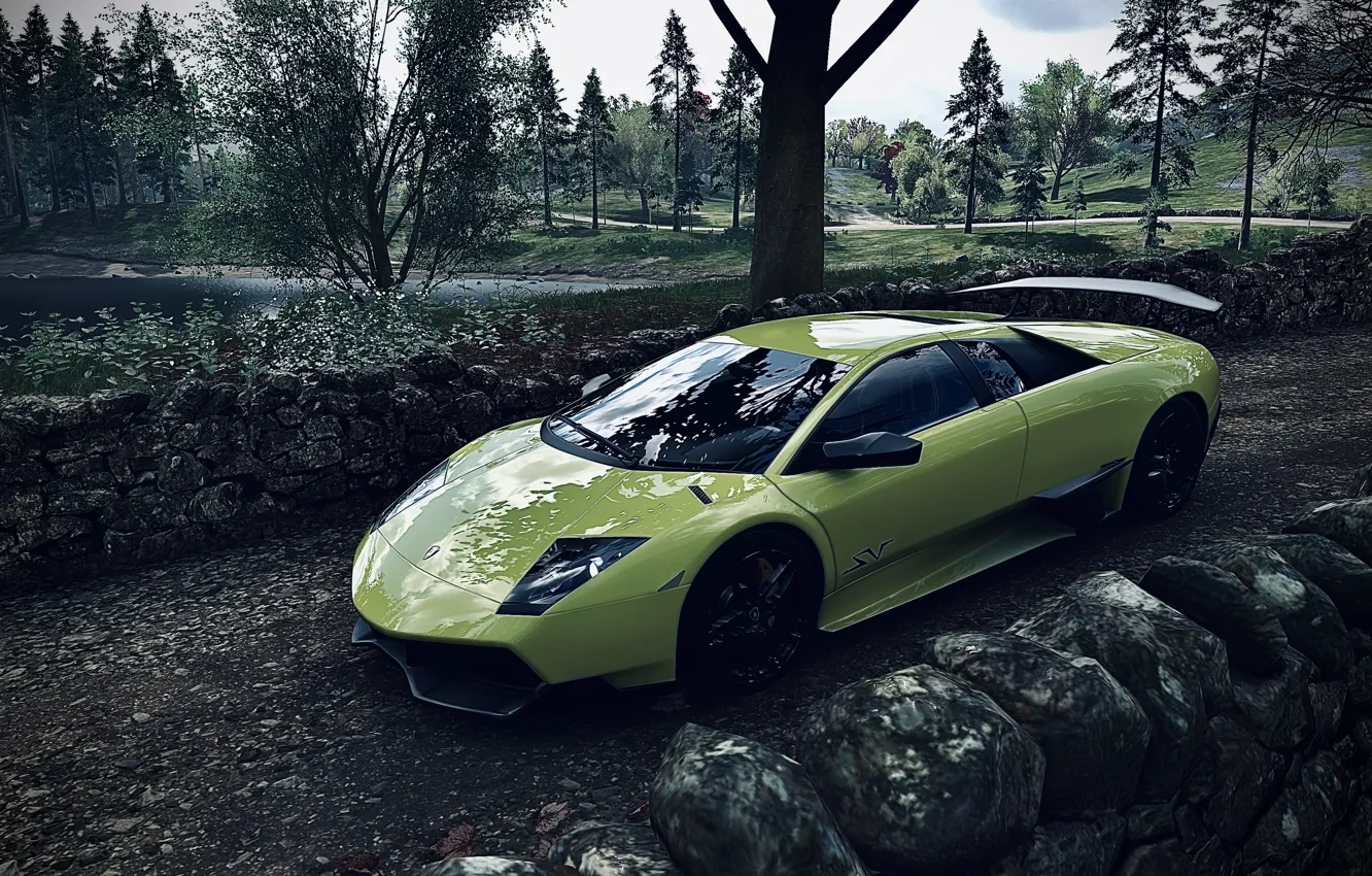 Фото обои HDR, Lamborghini, Wood, Wall, Murcielago, Game, Trees, Grave