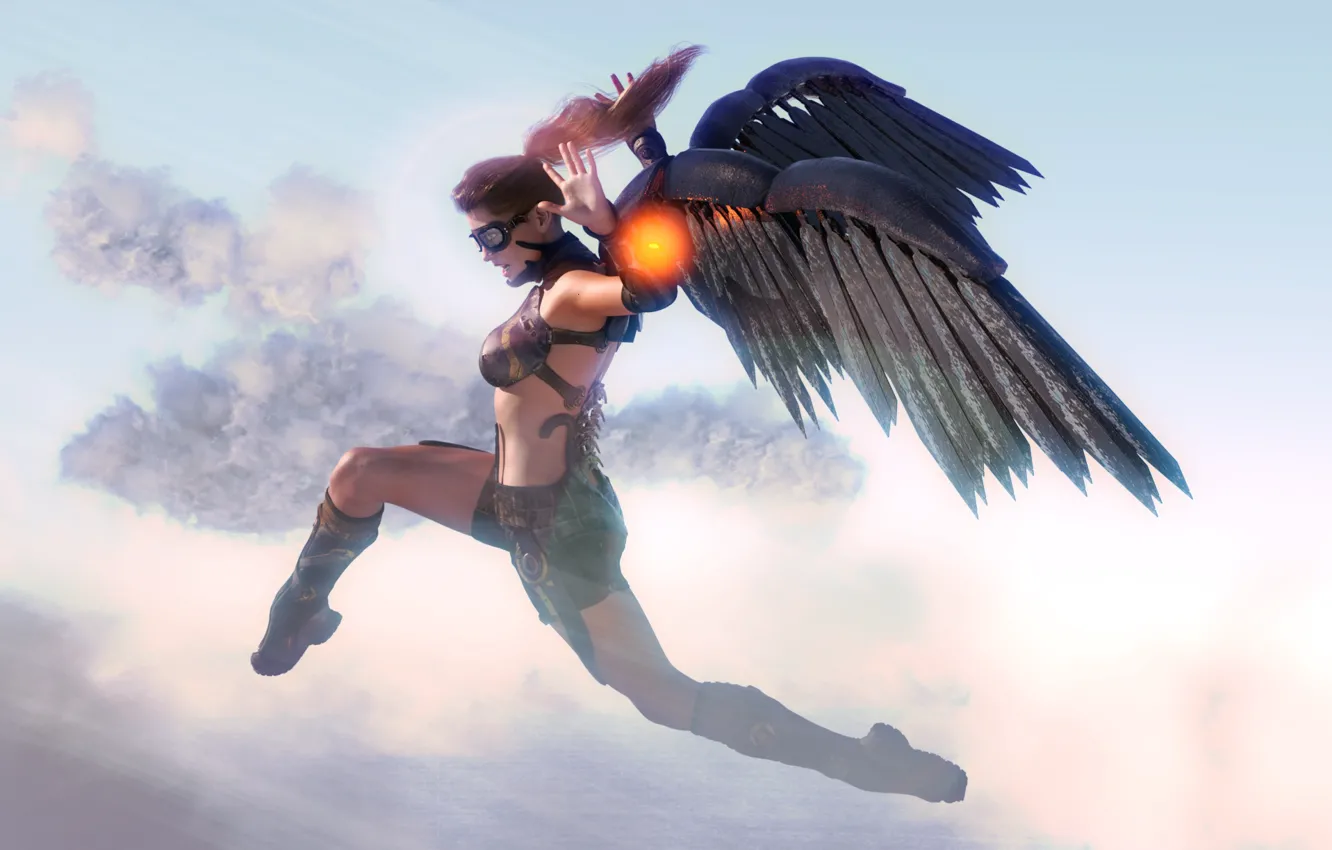 Фото обои прыжок, женщина, крылья, очки, Icarus