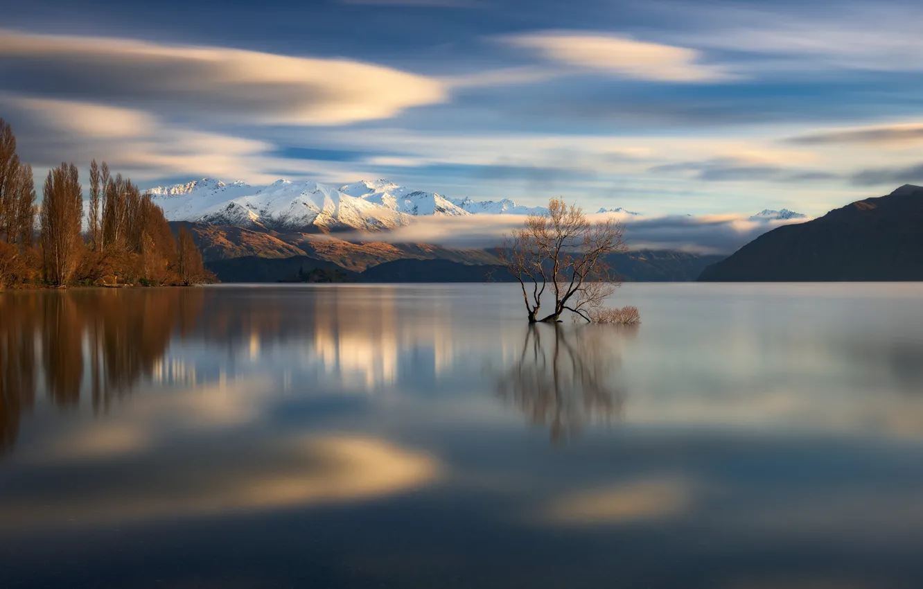 Фото обои облака, горы, озеро, дерево, Новая Зеландия