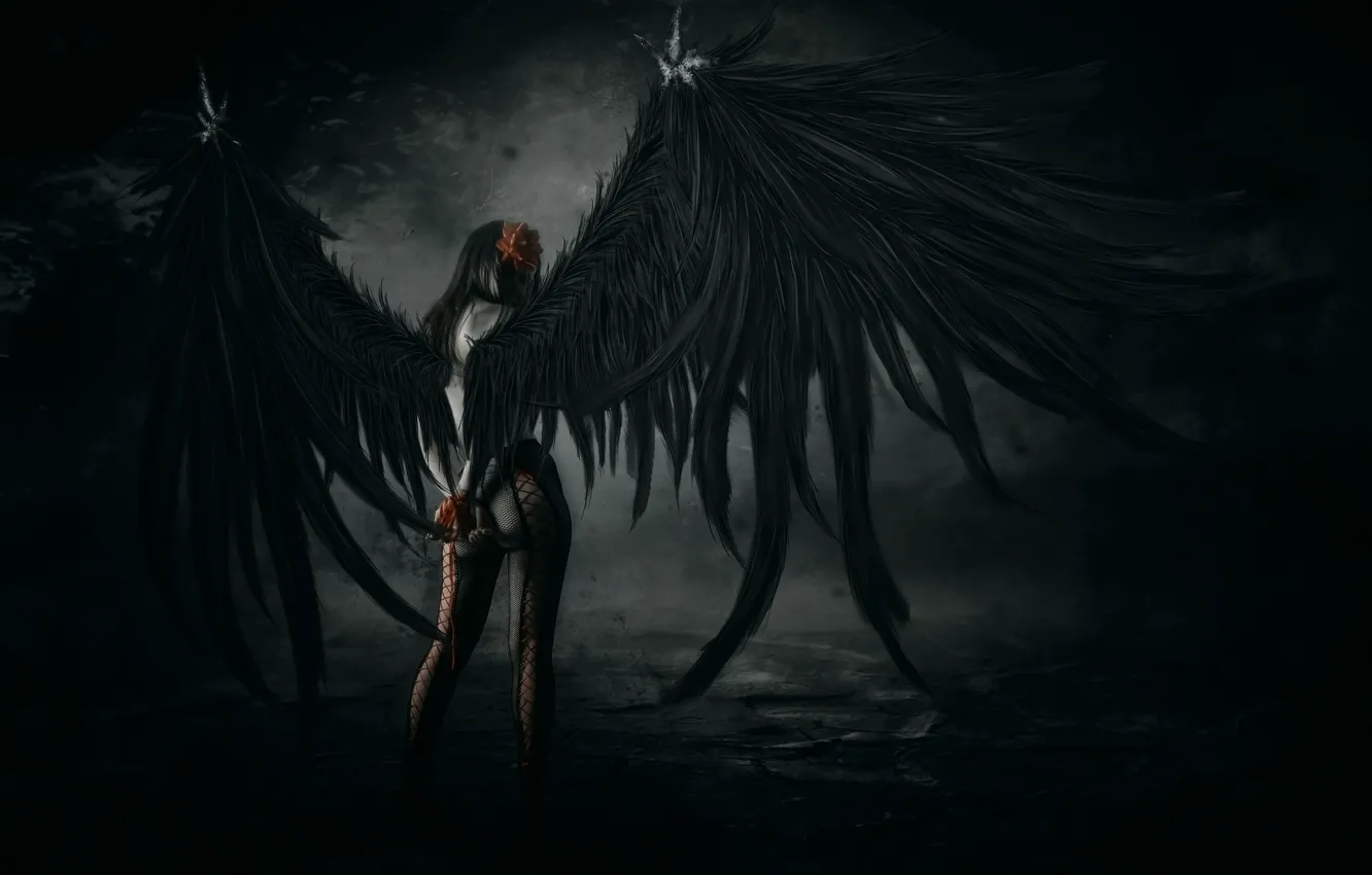 Фото обои девушка, поза, крылья, арт, колготки, падший ангел