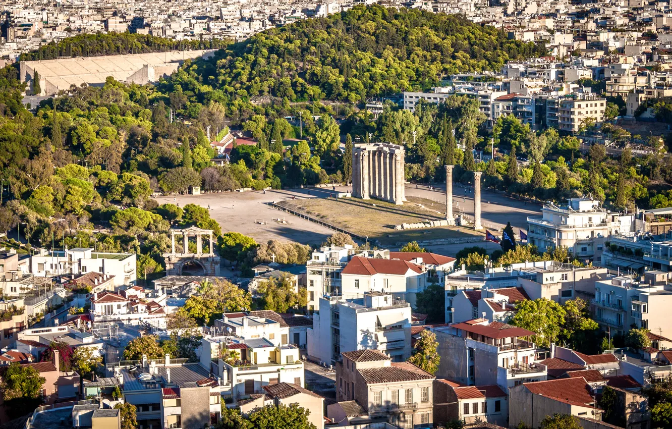 Фото обои деревья, дома, Греция, площадь, колонны, архитектура, вид сверху, Афины