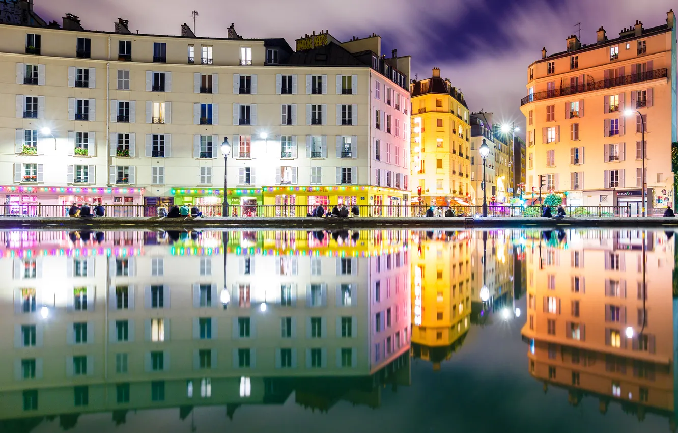 Фото обои огни, отражение, краски, Франция, Париж, дома, канал Сен-Мартен