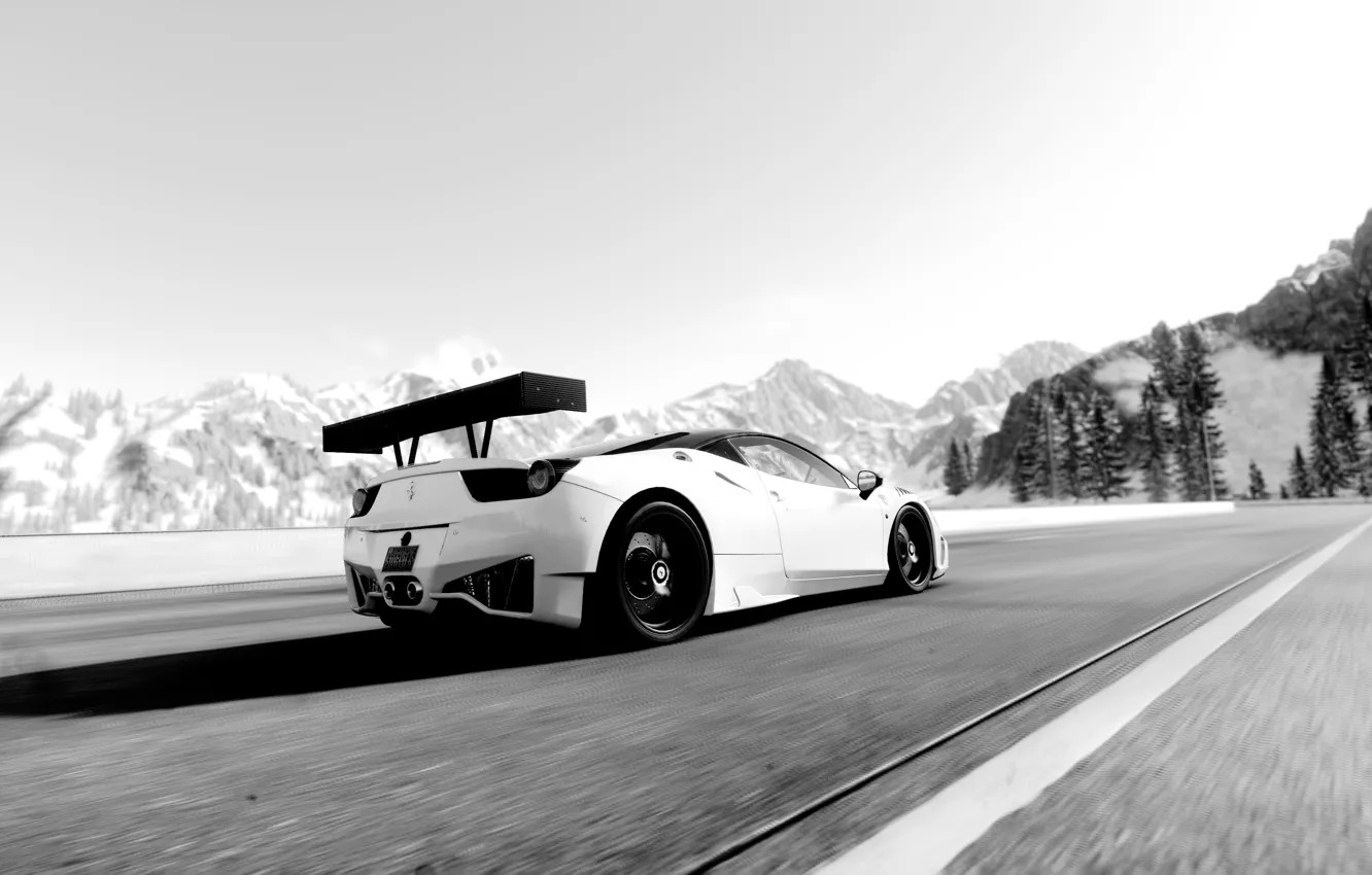 Фото обои car, black & white, game, ferrari, 458, the crew, circuit