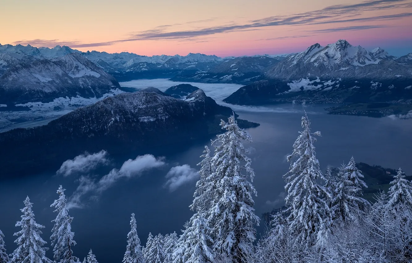 Фото обои зима, деревья, горы, озеро, восход, рассвет, утро, Швейцария