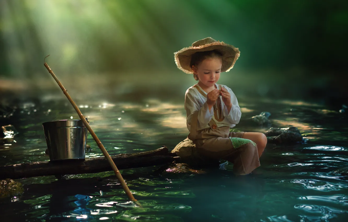 Фото обои рыбалка, ведро, ребёнок, водоём, Morning