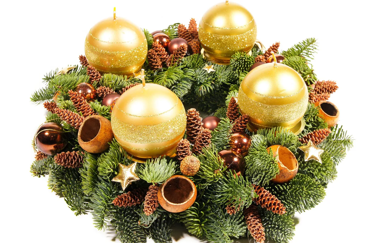 Фото обои украшения, шары, елка, свечи, Новый год, золотой
