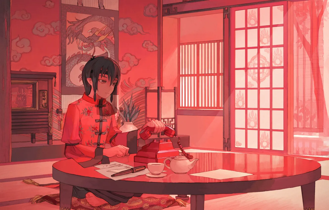 Фото обои телефон, ширма, парень, в комнате, китайская живопись, ципао, за столиком, чашка чая