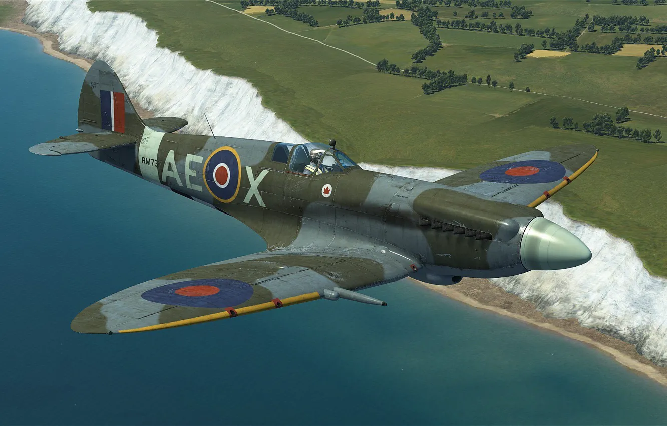 Фото обои Британия, Фронтовой истребитель, Reginald Mitchell, Spitfire Mk.XIVc над скалами Дувра