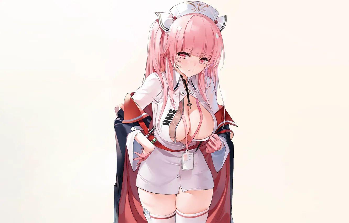 Фото обои girl, sexy, cleavage, thighhighs, pink hair, long hair, dress, boobs