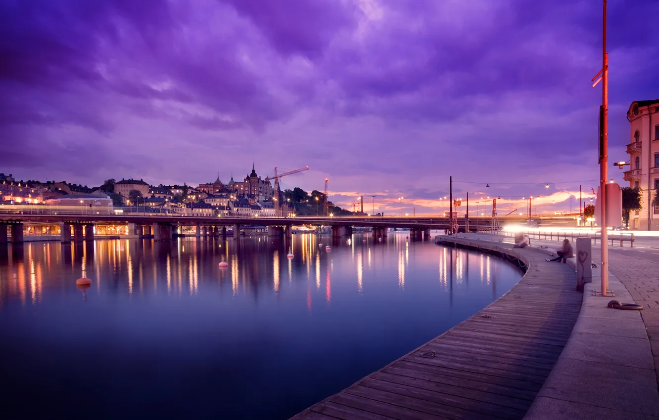 Фото обои ночь, мост, огни, Швеция, набережная, Stockholm