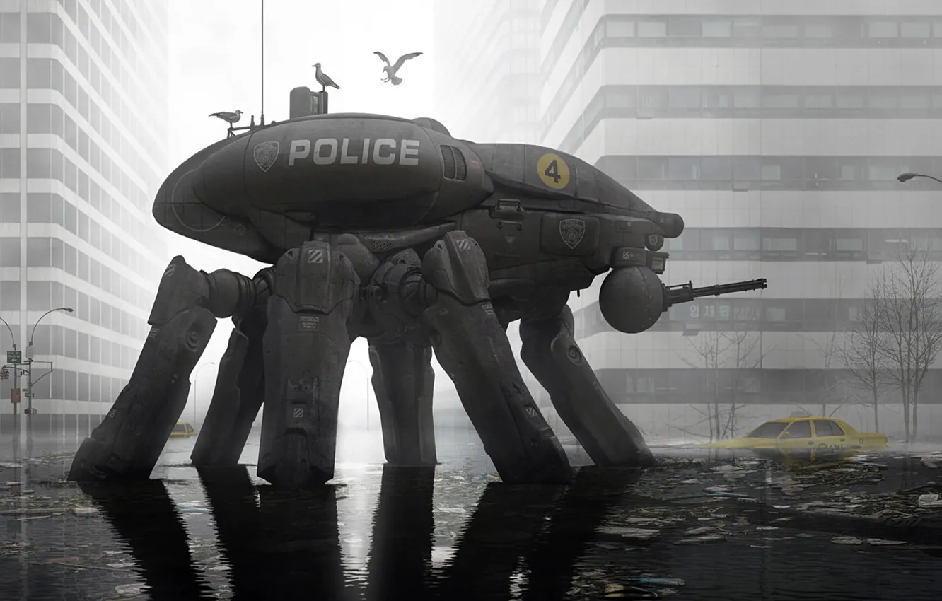 Фото обои Будущее, городской пейзаж, робот полицейский, Fortress Manhattan, работа DOFRESH