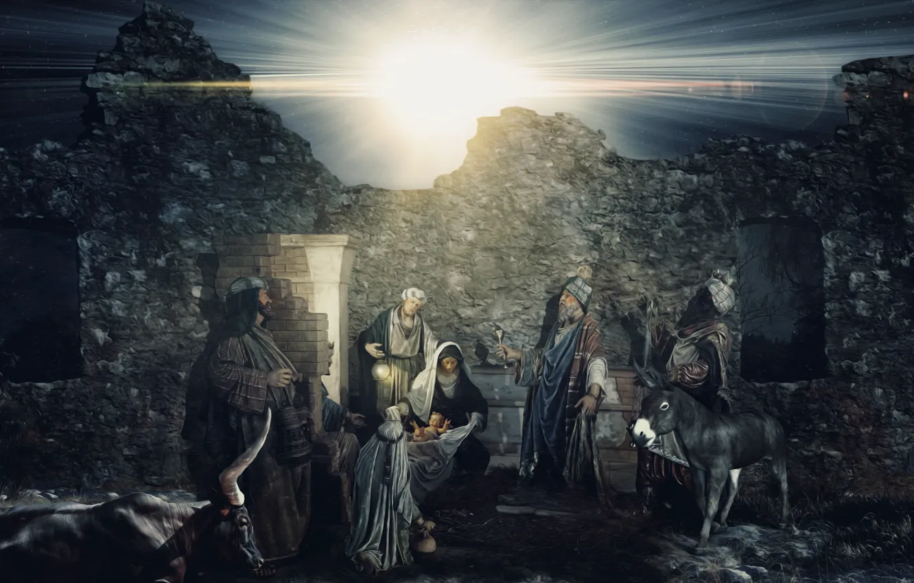 Фото обои Иисус, Сарай, Ангел, Рождество, Фигуры, Игрушки, Религия, Мужчины