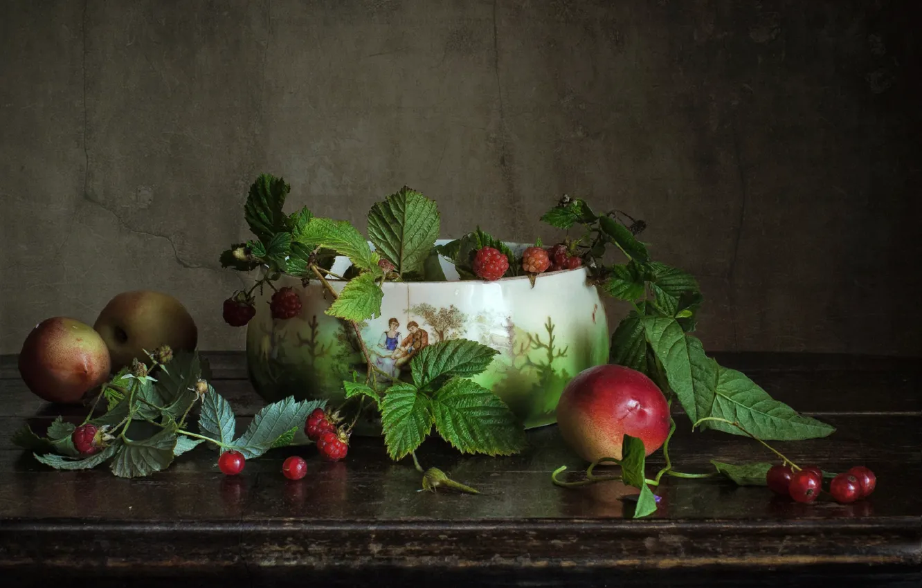 Фото обои листья, ветки, ягоды, малина, миска, фрукты, натюрморт, смородина