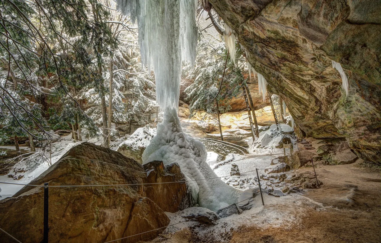 Фото обои зима, пещера, сОсульки
