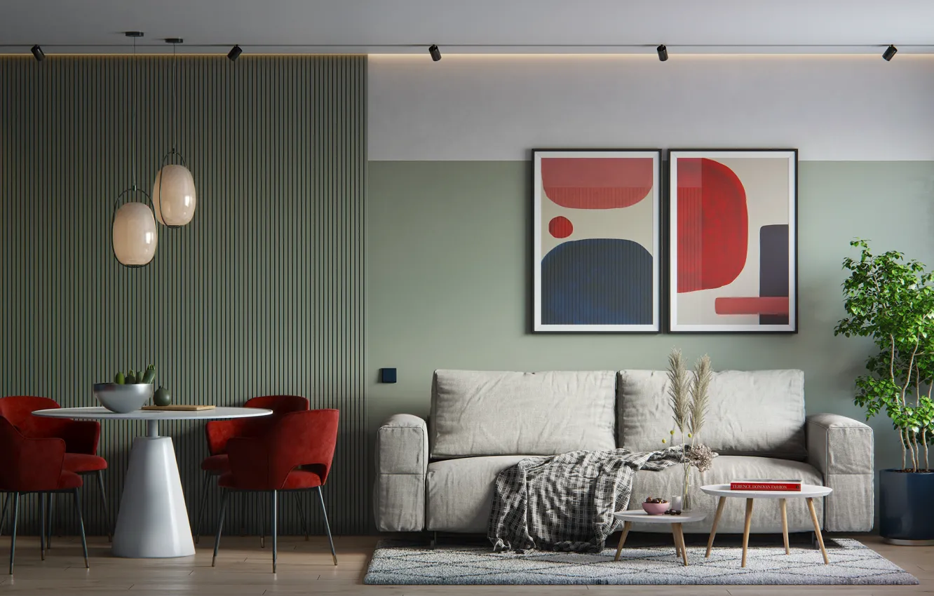 Фото обои дизайн, стиль, интерьер, софа, гостиная, столовая, red and green living room