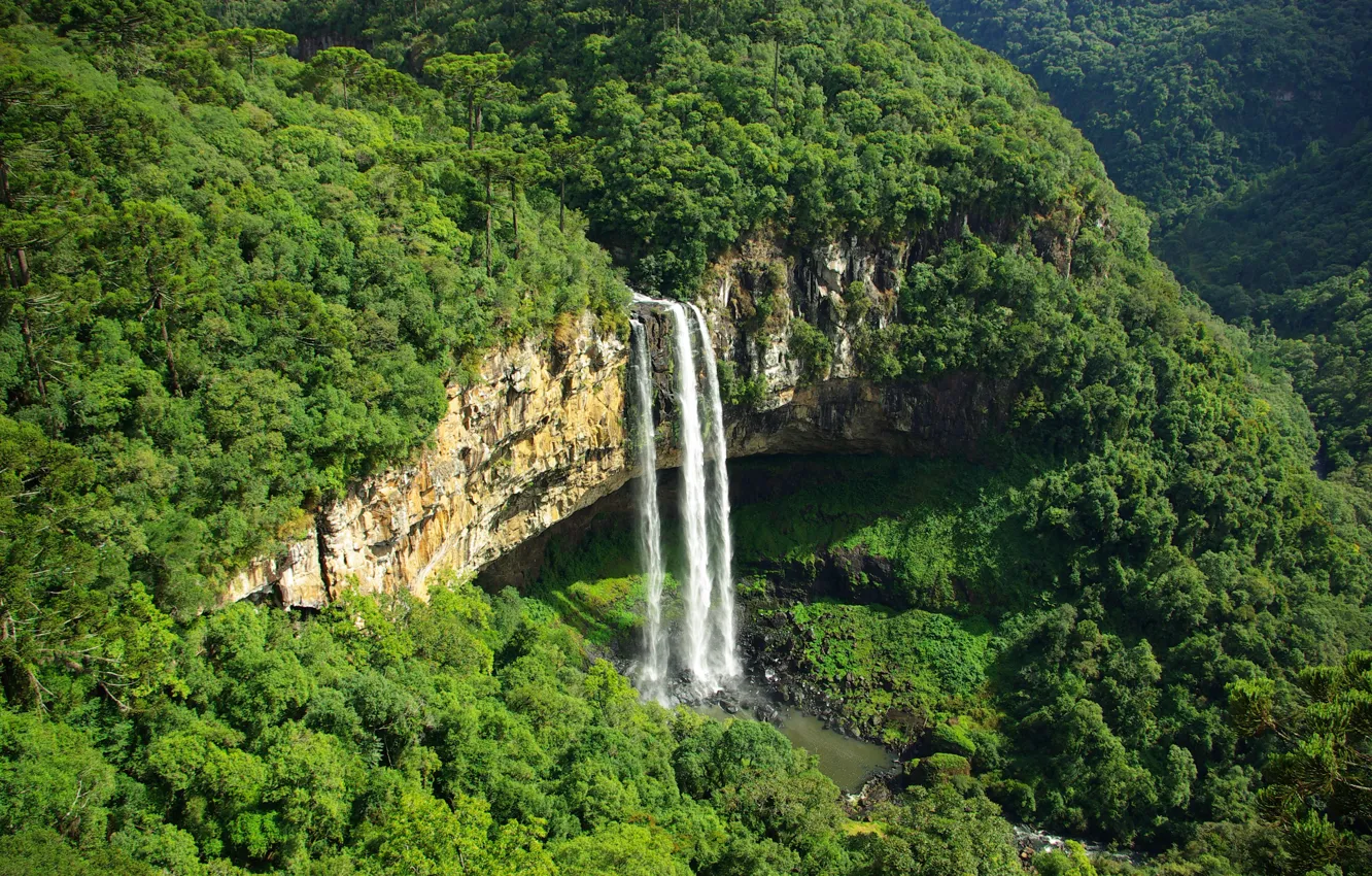 Фото обои зелень, горы, водопад