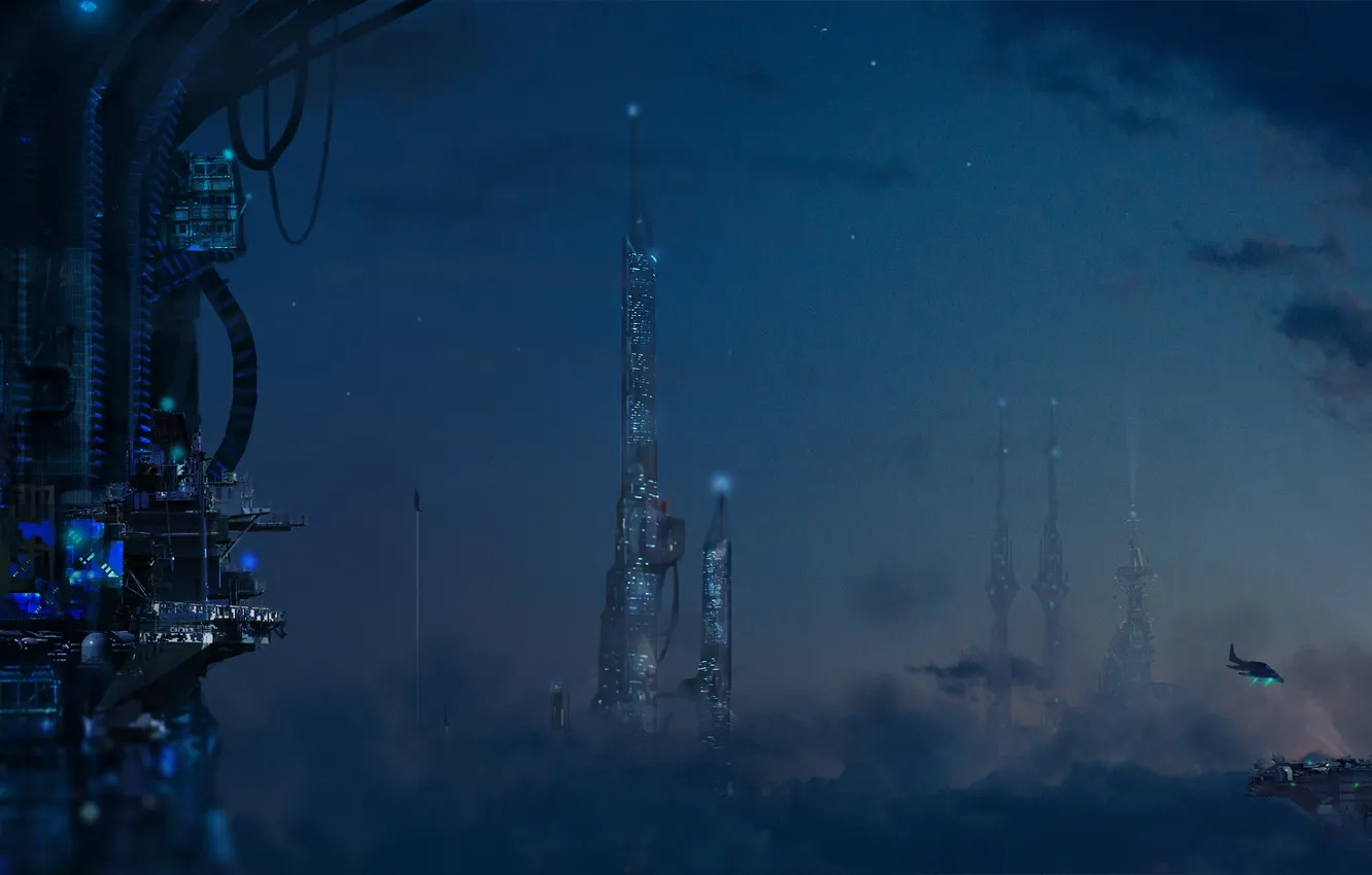 Фото обои звезды, облака, ночь, город, будущее, высота, корабли, арт