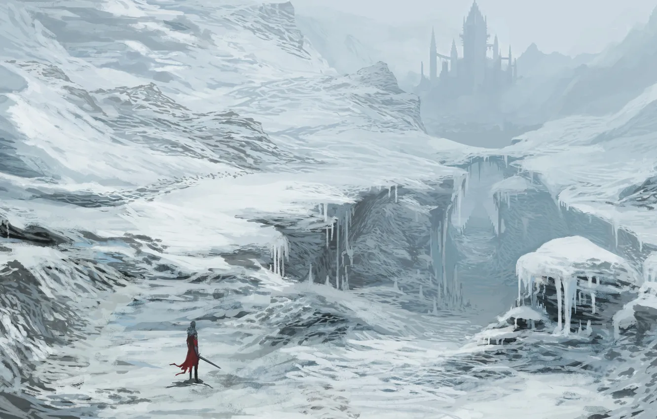 Фото обои зима, снег, замок, меч, арт, ущелье, путник