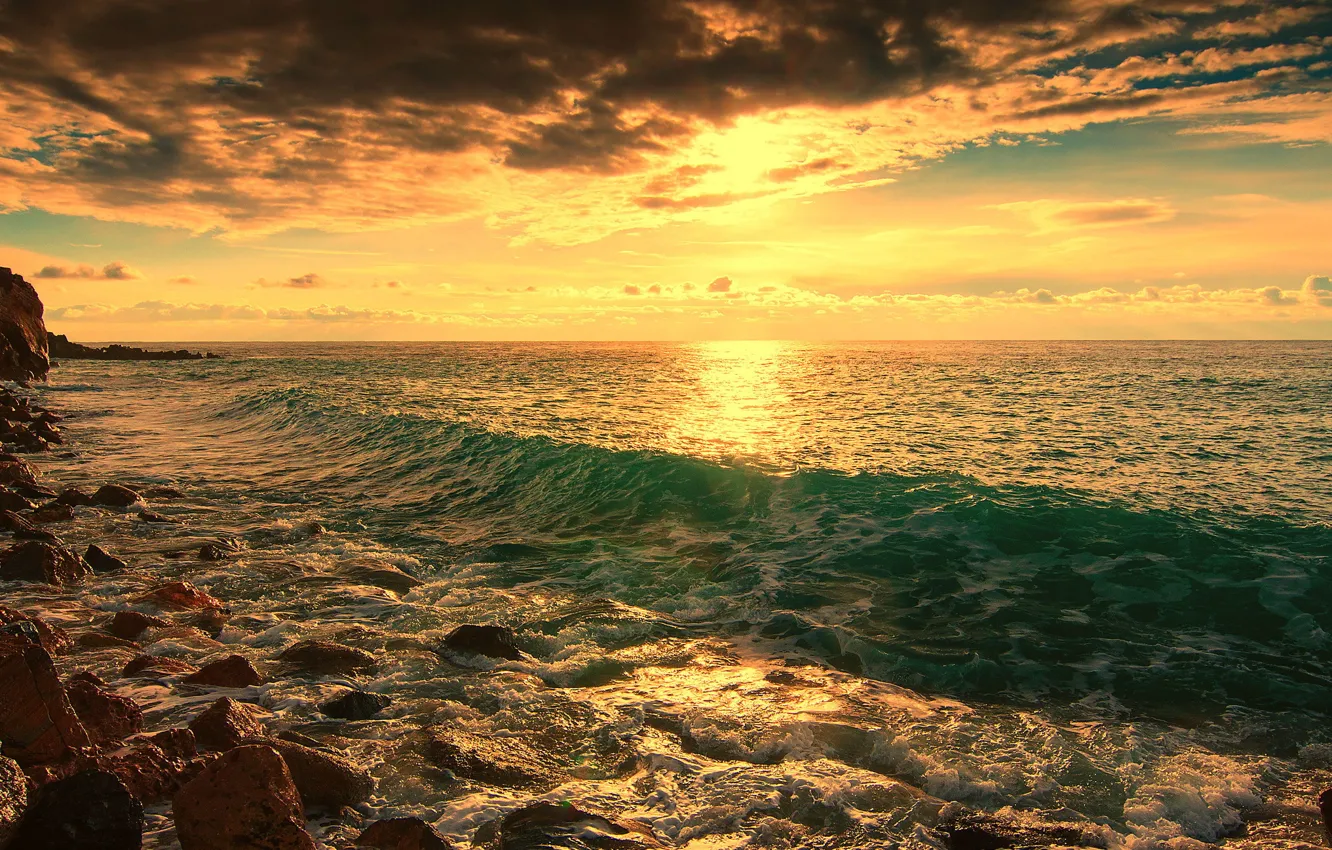 Фото обои море, волны, камни, берег