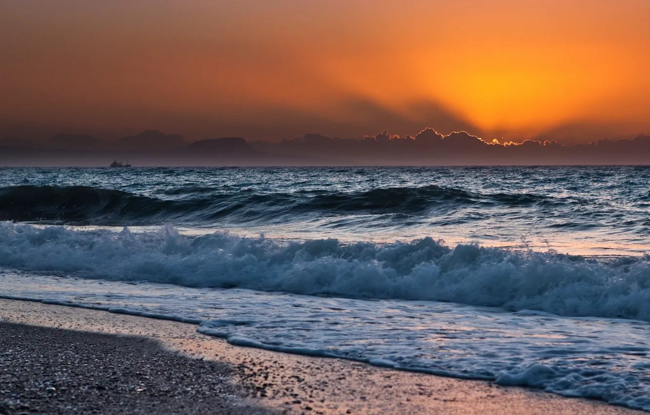 Фото обои море, волны, небо, солнце, пейзаж, закат, природа, берег