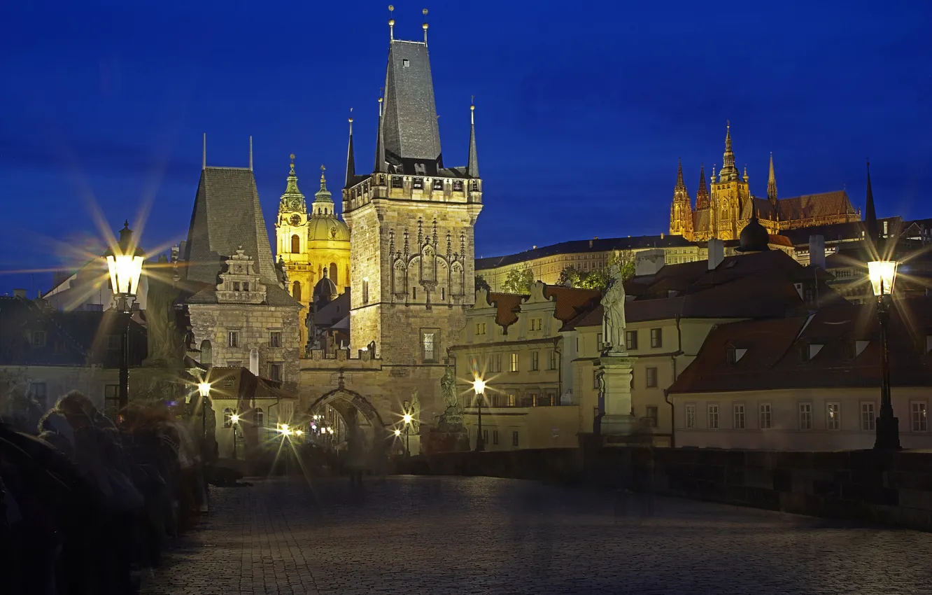 Фото обои ночь, огни, башня, Прага, Чехия, собор