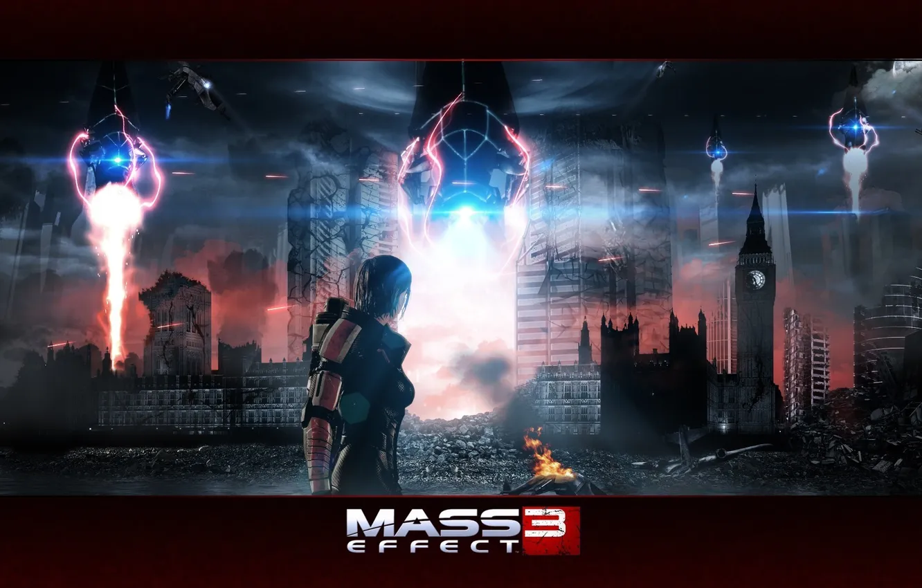 Фото обои атака, Лондон, разрушения, капитан, пришельцы, Шепард, Mass Effect 3