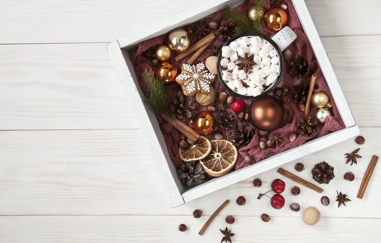 Фото обои новый год, горячий, шоколад, поднос, декор, зефир, Ellygri