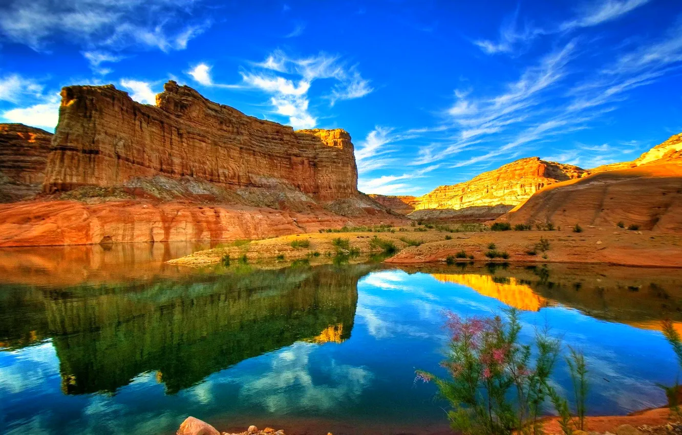 Фото обои небо, горы, озеро, отражение, скалы