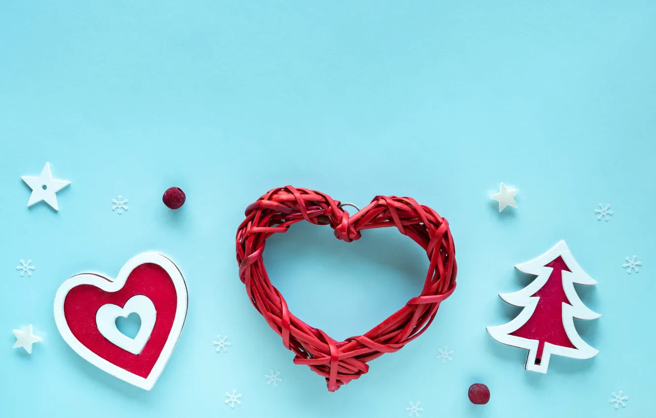 Фото обои зима, снежинки, праздник, красное, сердце, Рождество, сердечки, Новый год