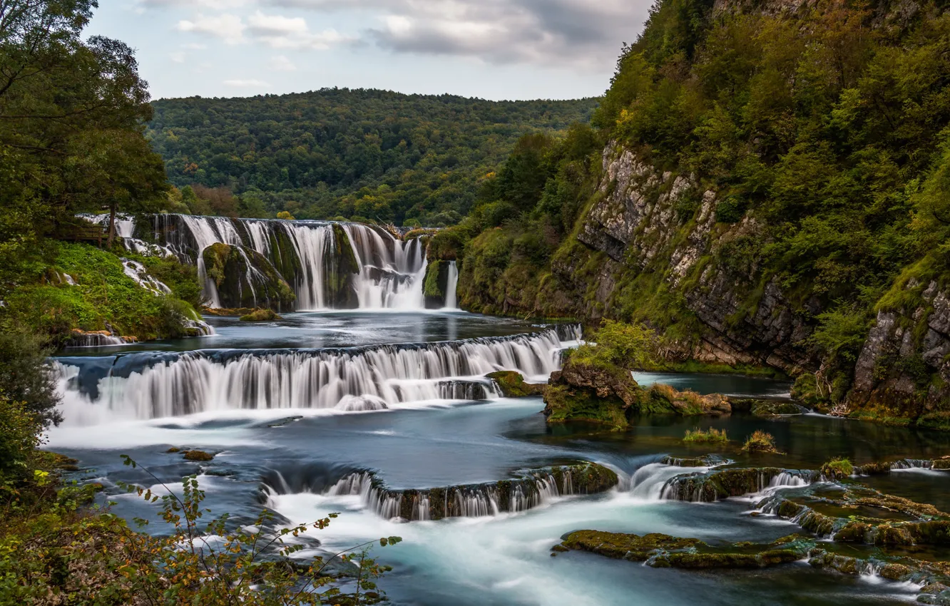 Фото обои лес, скала, река, водопады, каскад, Босния и Герцеговина, Bosnia and Herzegovina, Štrbački Buk Waterfalls