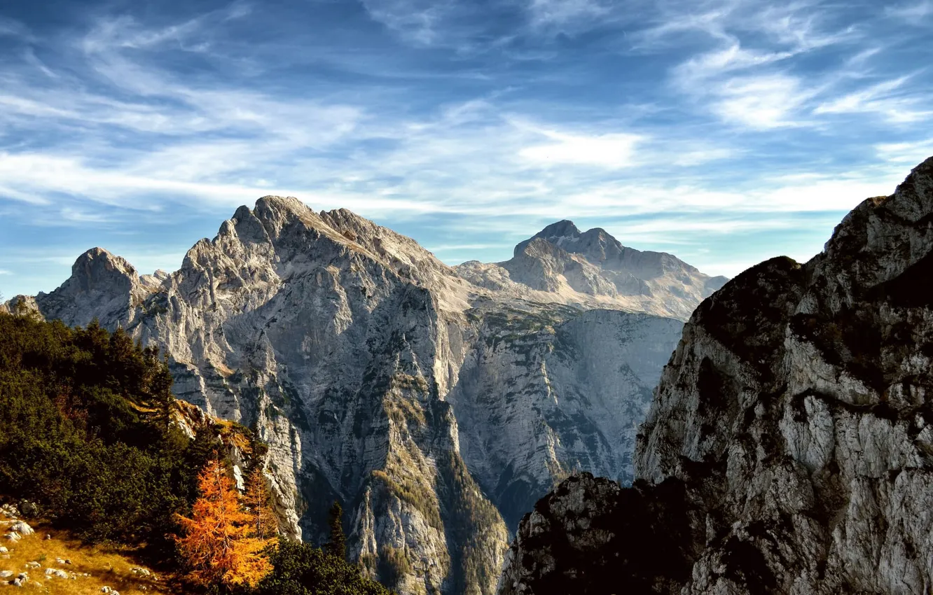 Фото обои небо, облака, деревья, горы, природа, скалы, Словения, Slovenia