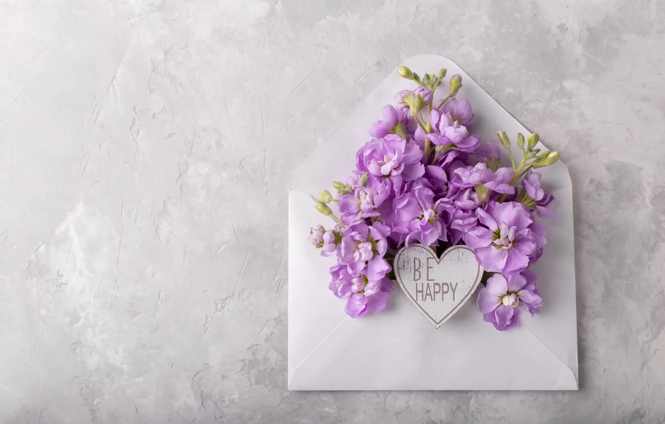 Фото обои цветы, heart, flowers, romantic, конверт, spring, violet, be happy