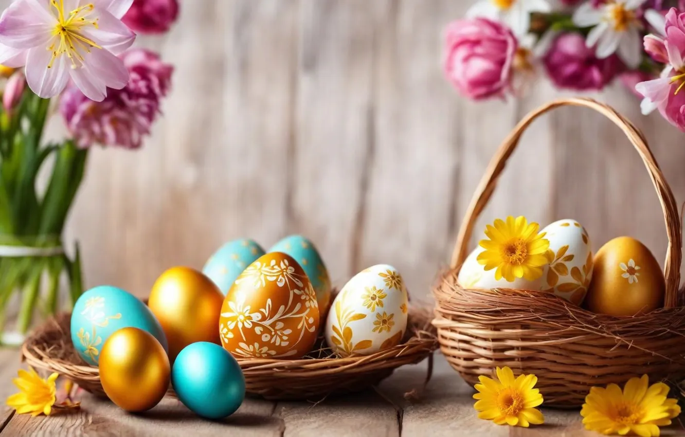 Фото обои цветы, яйца, весна, colorful, Пасха, happy, flowers, spring