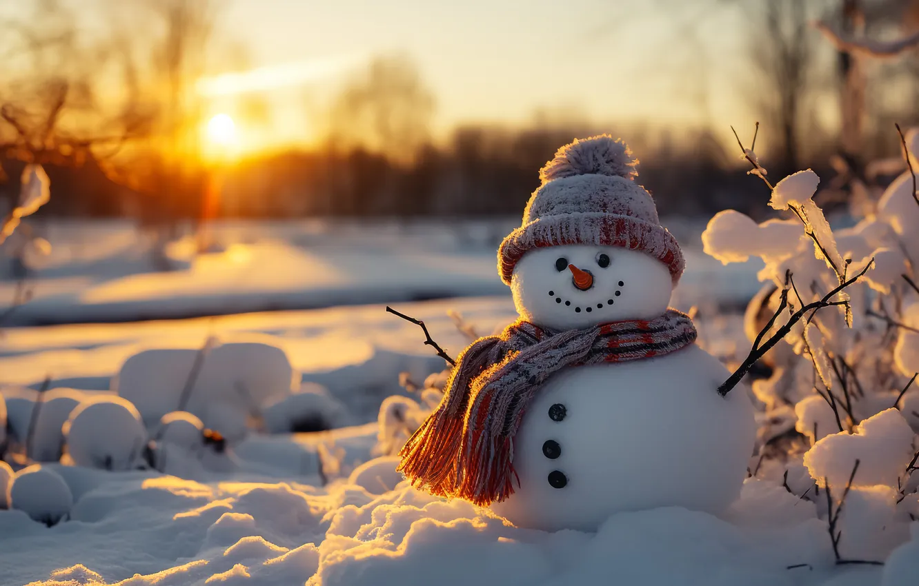 Фото обои зима, снег, Рождество, Новый год, снеговик, Christmas, winter, snow