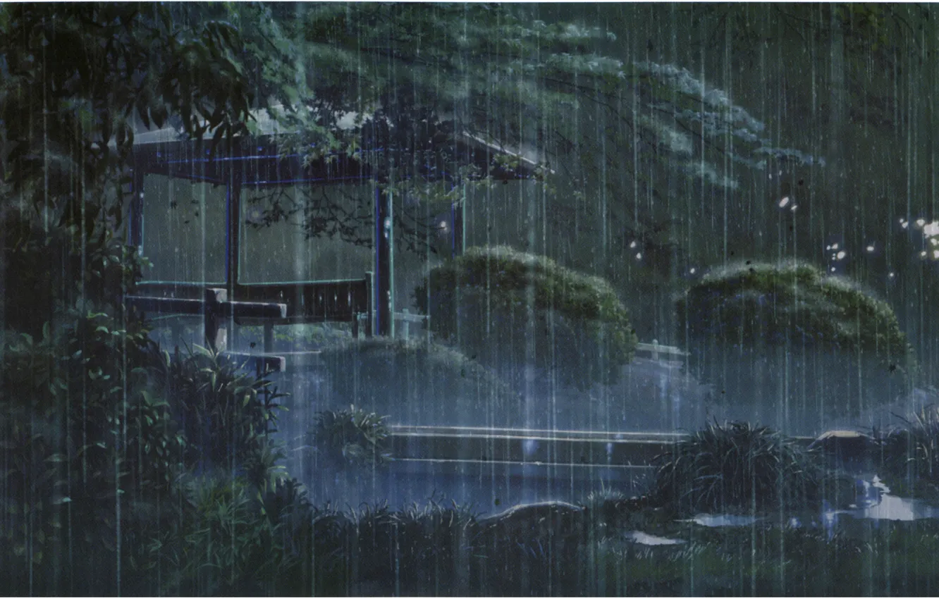 Фото обои скамейка, парк, дождь, вечер, беседка, ливень, kotonoha no niwa, сад изящных слов